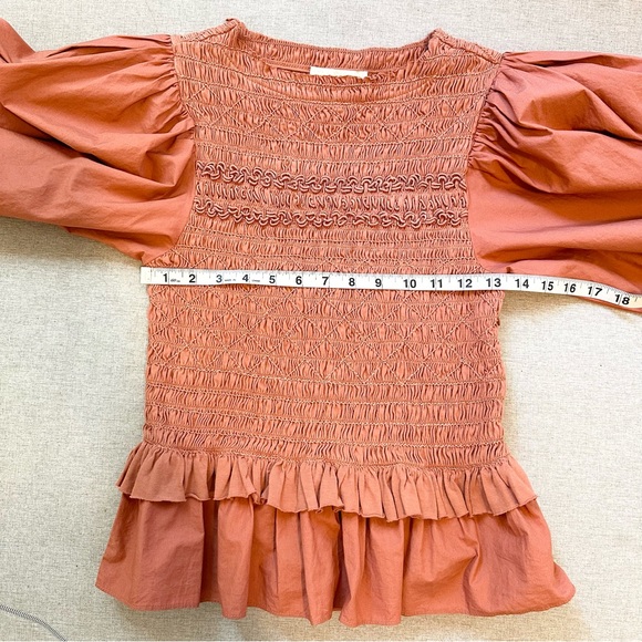 Ulla Johnson Amelia Smocked Puff Sleeve Ruffle Poplin Blouse in Clay Size 2 - Picture 6 of 7